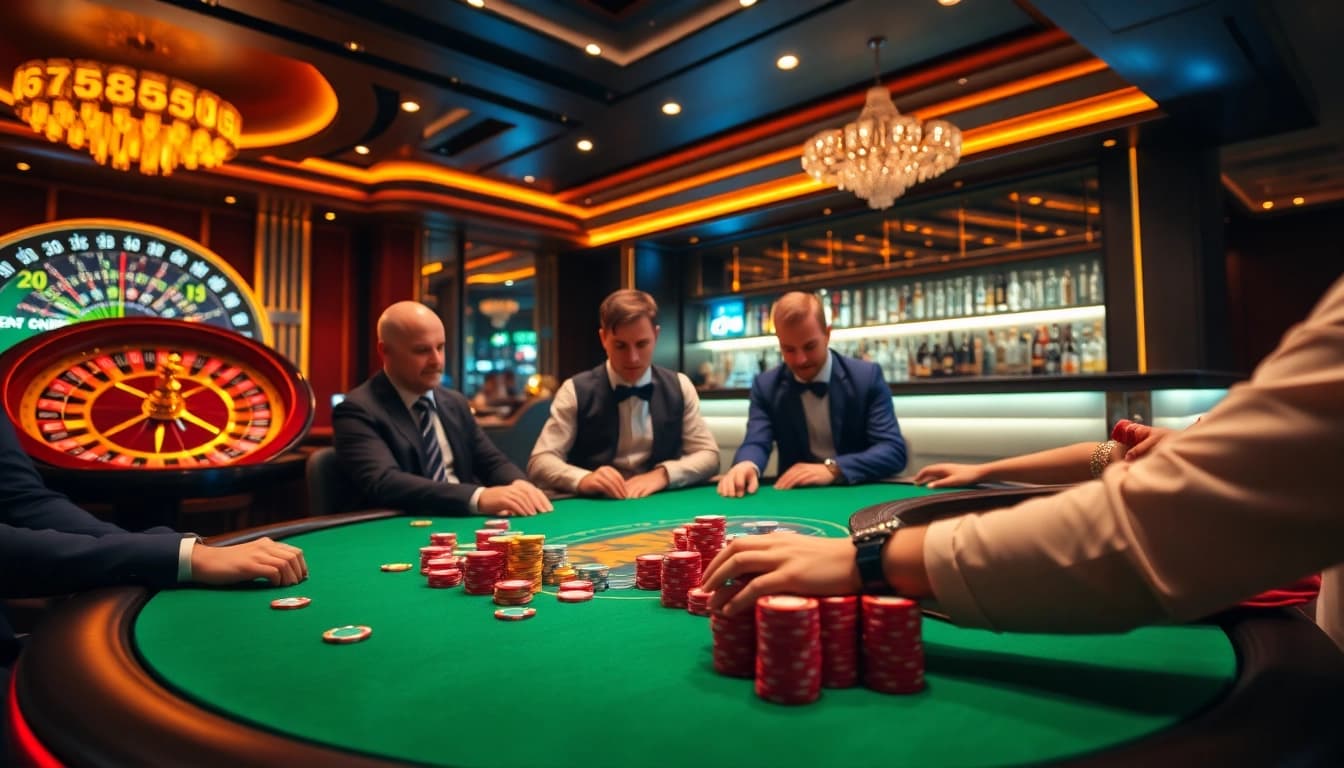 Players enjoying a high-stakes game at 789club casino with vibrant chips and roulette wheel.