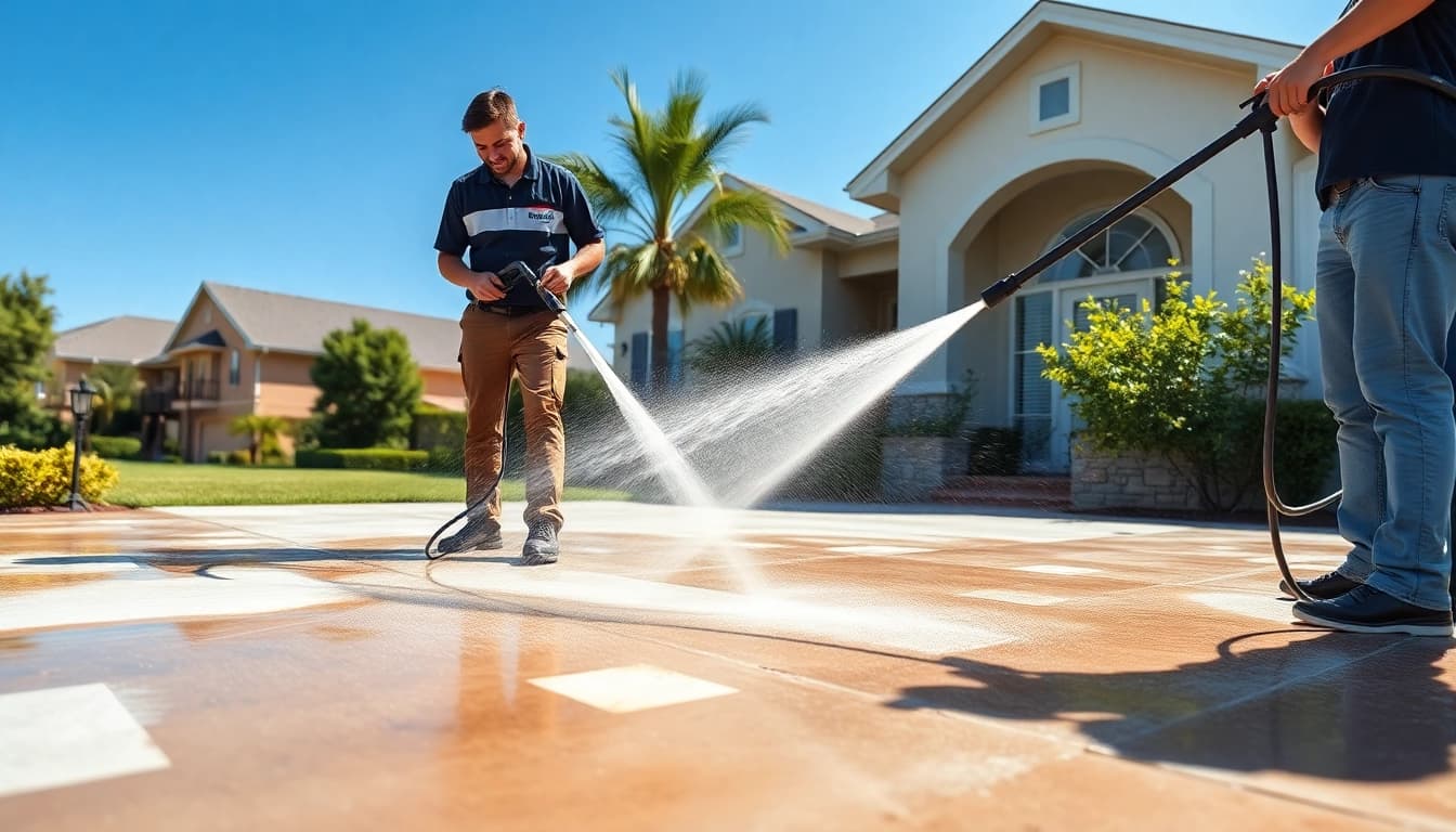 Concrete cleaning in Kissimmee, FL, showcasing a professional team cleaning a driveway with pressure washing.