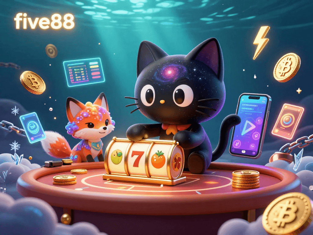 Experience the vibrant energy of five88 with captivating cosmic casino elements and characters.