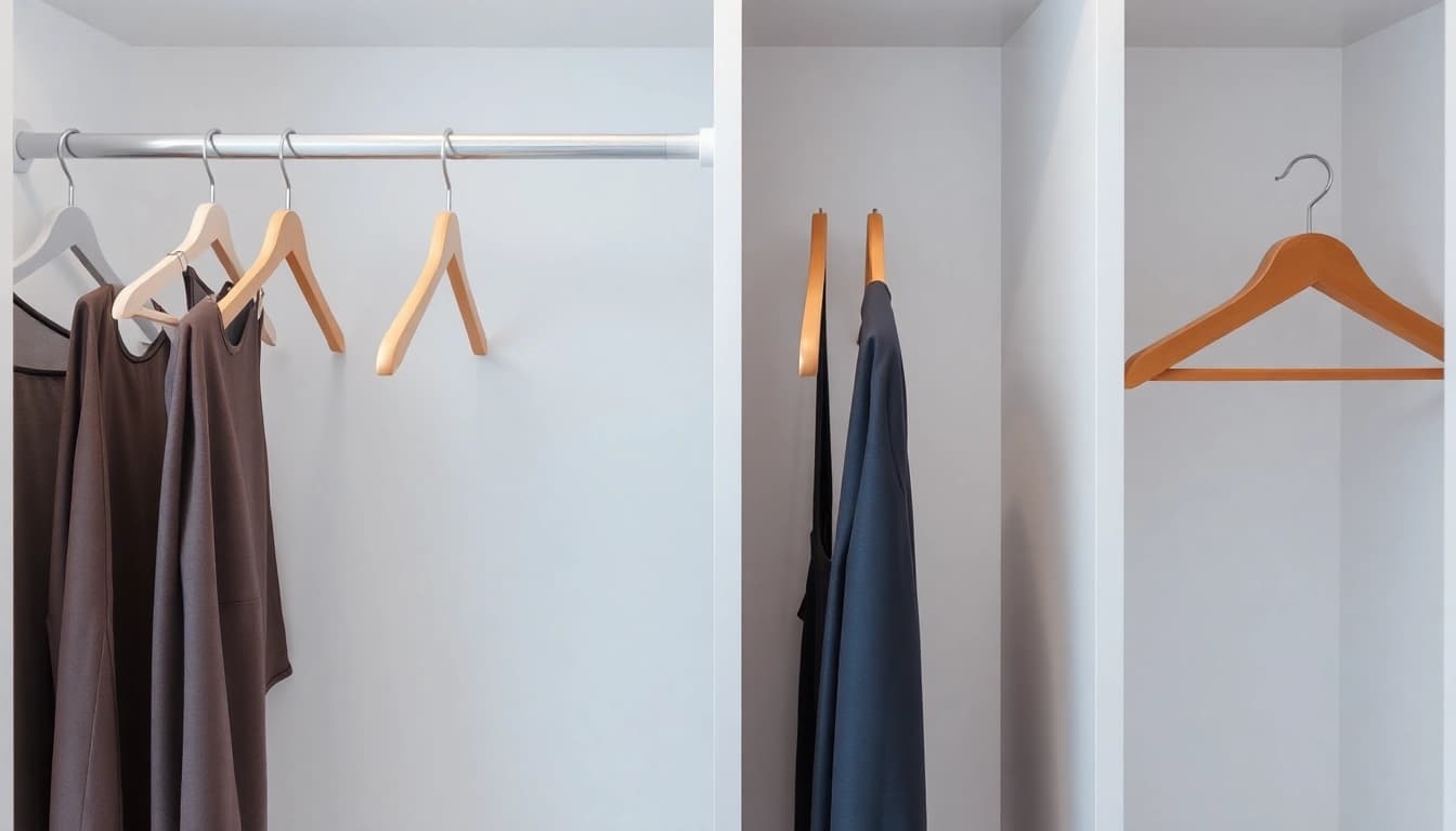 Kunststoff kleiderbügel auf einem modernen Kleiderschrank, die vielseitige Designs und Farben präsentieren.