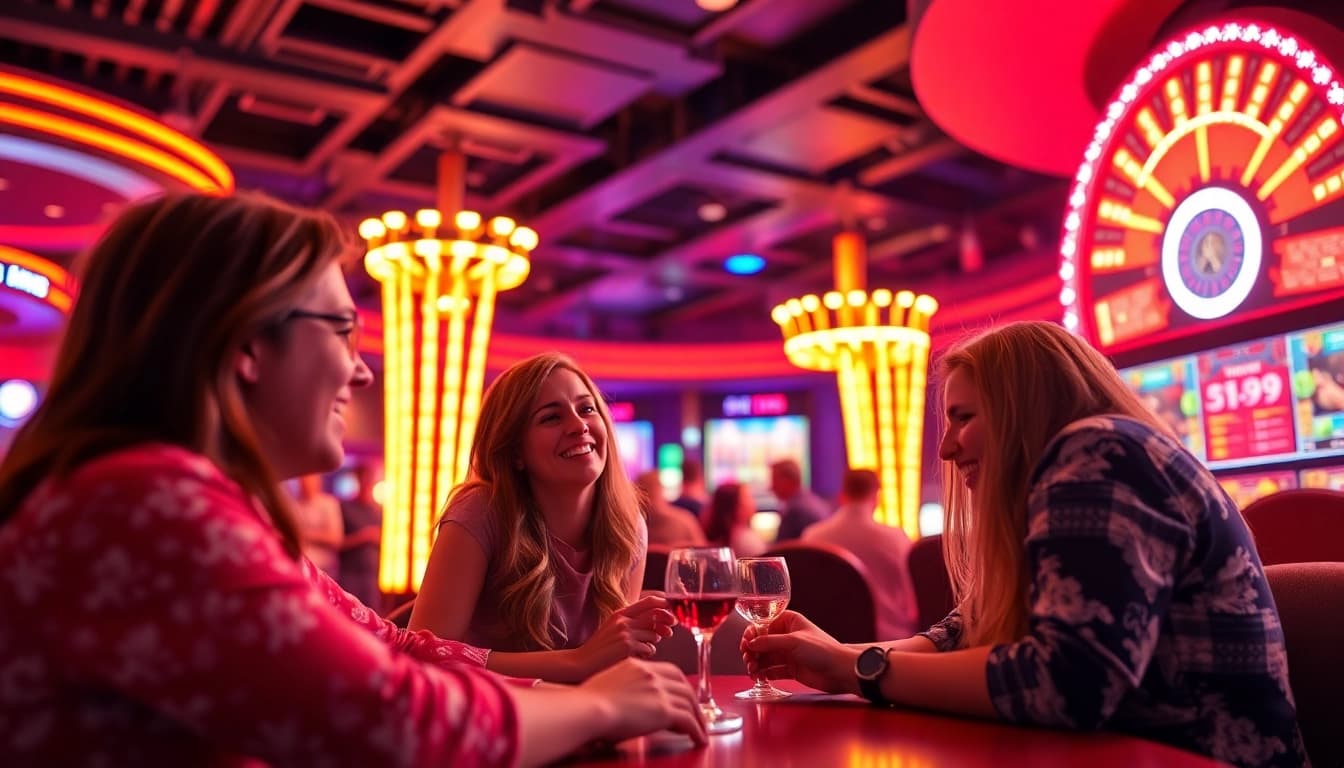 Erlebe Spannung im casino online mit leuchtenden Neonlichtern und fröhlichen Spielern, die umrinnt sind.