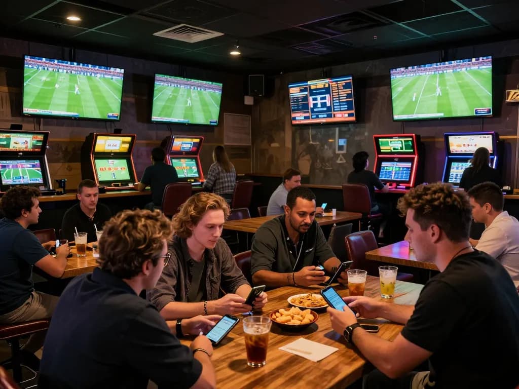 Patrons engaging in sports betting at NOWGOAL trang soi kèo with vibrant atmosphere and screens showing live football.