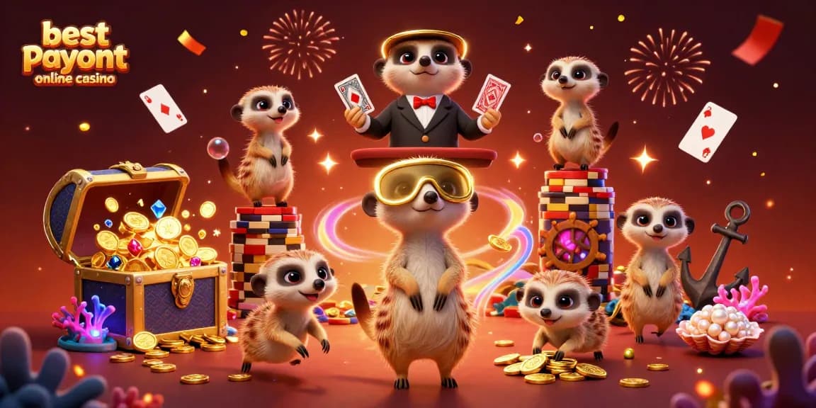 Engaging illustration showcasing best payout online casino with meerkats managing a vibrant casino operation.