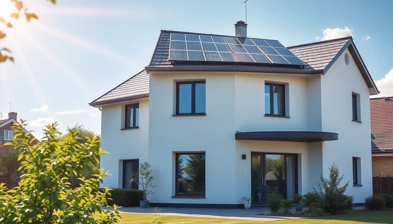 Solaranlage kaufen: Modernes Wohnhaus mit Photovoltaikanlage und Garten in sonniger Umgebung.