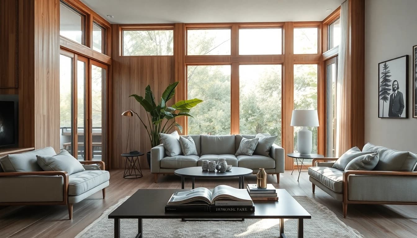 Raumgestaltung im einladenden Wohnzimmer mit Pflanzen und eleganten Möbeln.