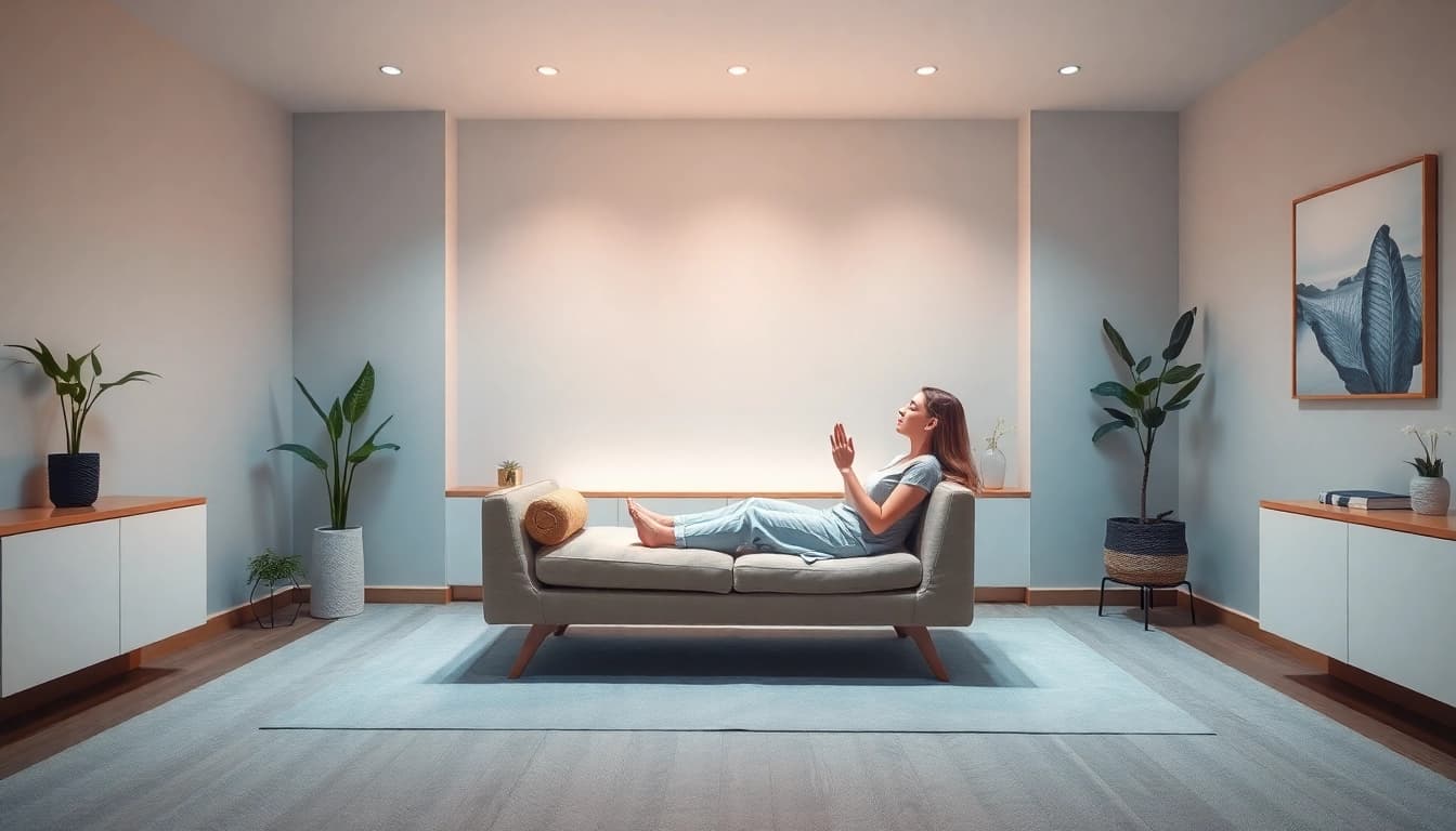 Hypnose Köln: Entspannte Therapeuten führen eine beruhigende Hypnosetherapie-Sitzung in modernem Ambiente.