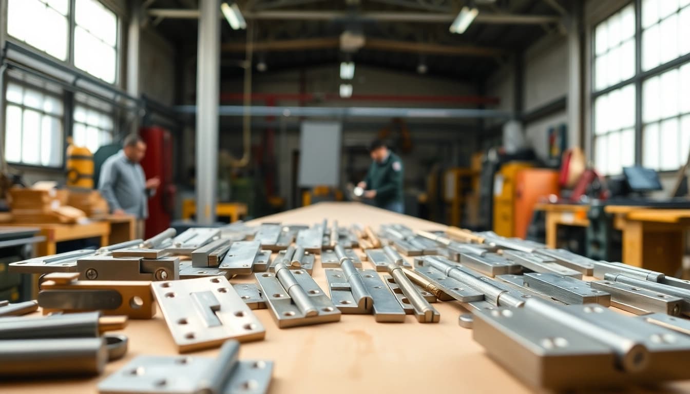 Professioneller Hinge Supplier präsentiert verschiedene hochwertige Scharniere in einer industriellen Werkstatt.