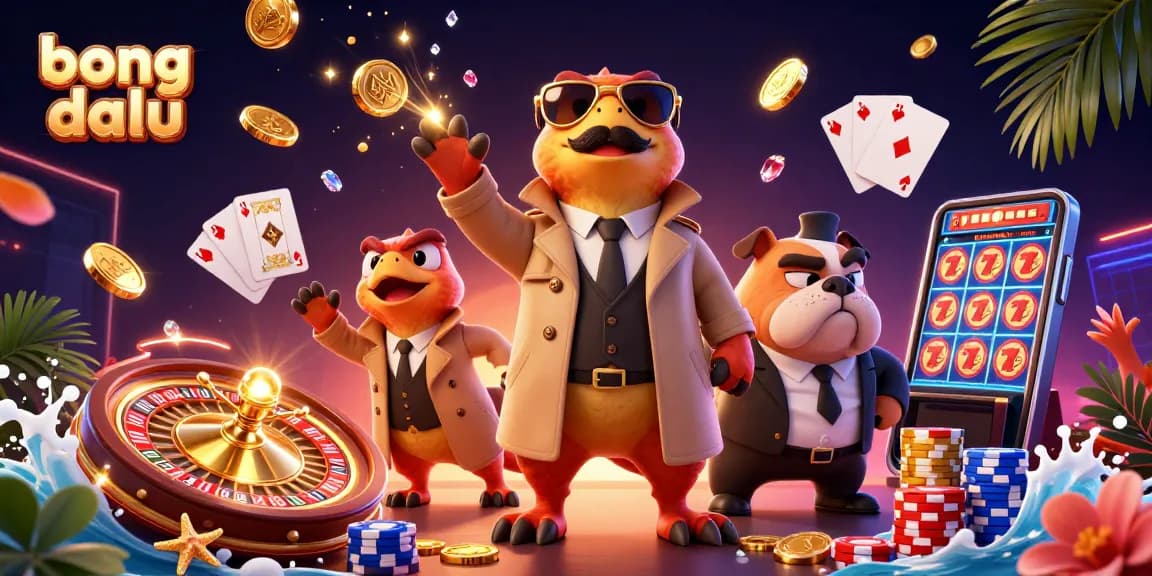 Engage with the thrilling bong da lu action, featuring playful raptors and a bouncer amidst cascading coins.