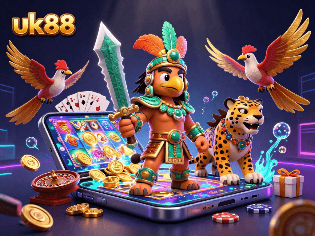 Engage in thrilling gameplay at uk88 with a rich scene of Aztec warriors amidst dazzling casino elements.