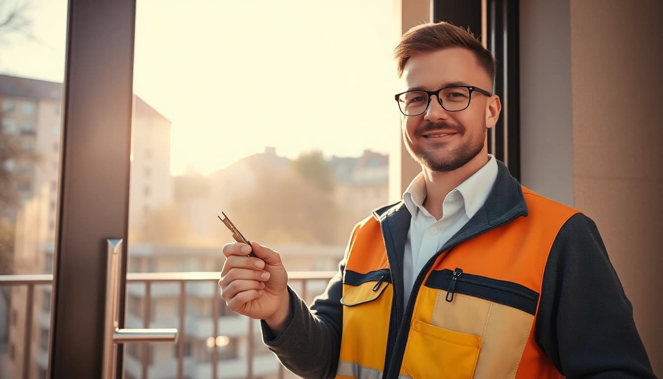 Techniker des Schlüsselnotdienstes Berlin öffnet sicher eine moderne Wohnungstür mit professionellem Werkzeug.