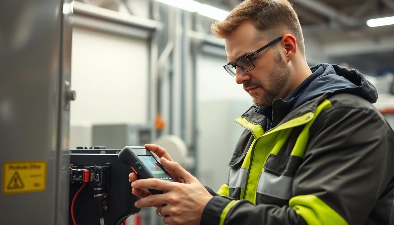 Techniker führt eine DGUV V3 Prüfung an einem elektrischen Gerät in einer modernen Werkstatt durch.