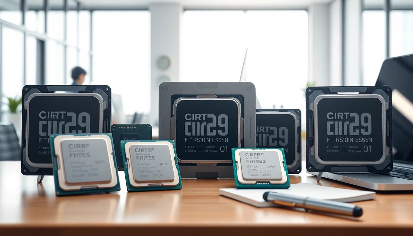 Prozessor Vergleich zwischen verschiedenen Modellen auf einem modernen Schreibtisch mit Details der technischen Spezifikationen.