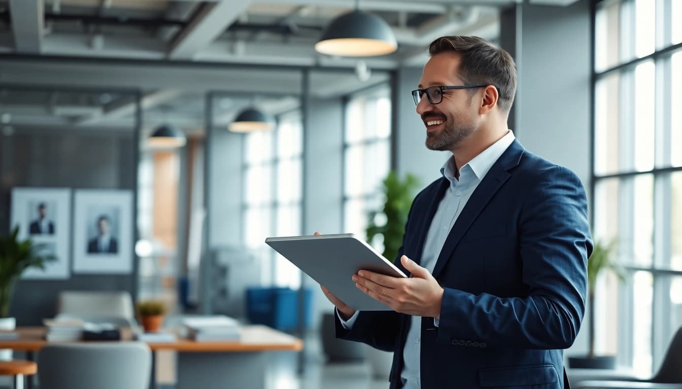Headhunter Ingenieure führt ein berufliches Gespräch in modernem Büro mit Tablet.