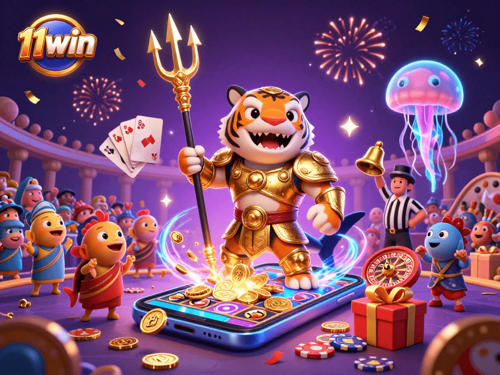Experience the excitement of 11win with a cartoon shark in gladiator armor, vibrant slot games, and festive elements in 3D.