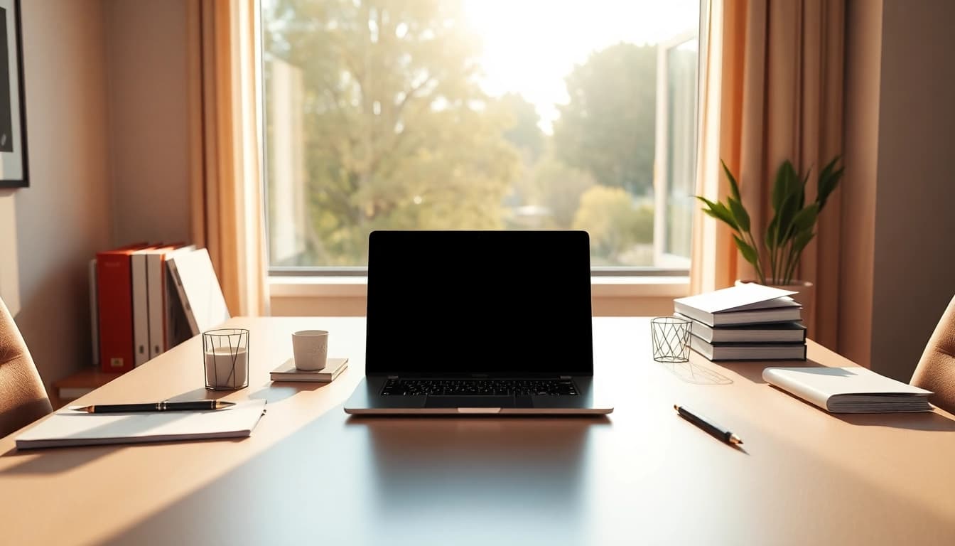 Arbeiten mit Office 2024 ohne Abo erwerben in einer modernen Umgebung mit Laptop und Büromaterialien.