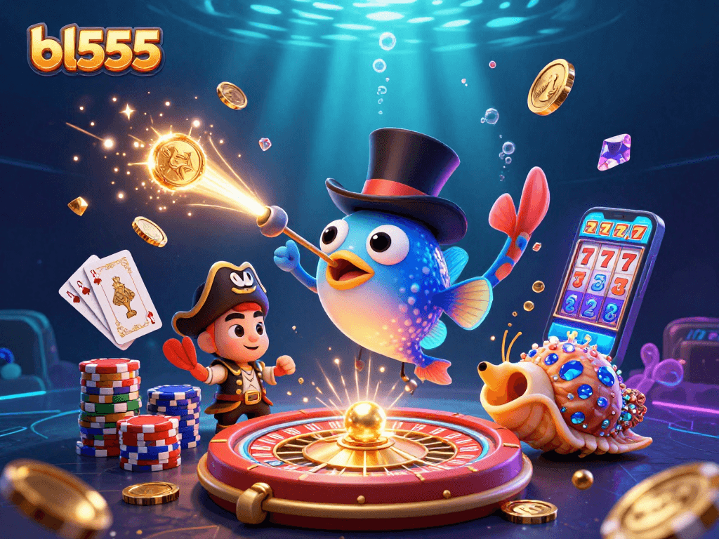 Experience thrilling wins at bl555 with vibrant 3D characters, golden coins, and casino-themed action