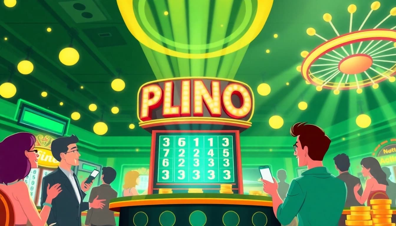Erleben Sie das aufregende Plinko Casino-Spiel in dieser lebendigen Illustration, die Spieler und bunte Lichter zeigt.