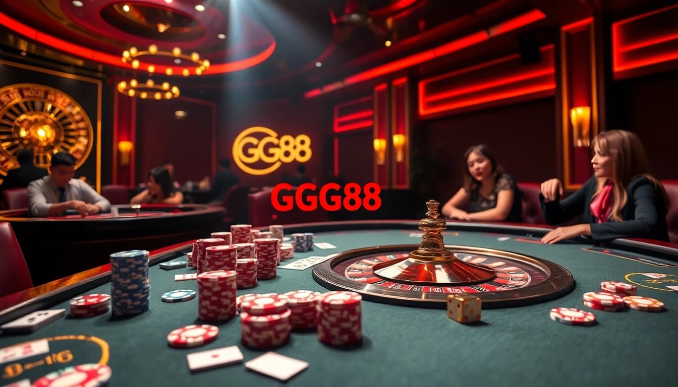 Experience the thrill of GG88 gaming with vibrant poker chips and a luxurious roulette wheel.