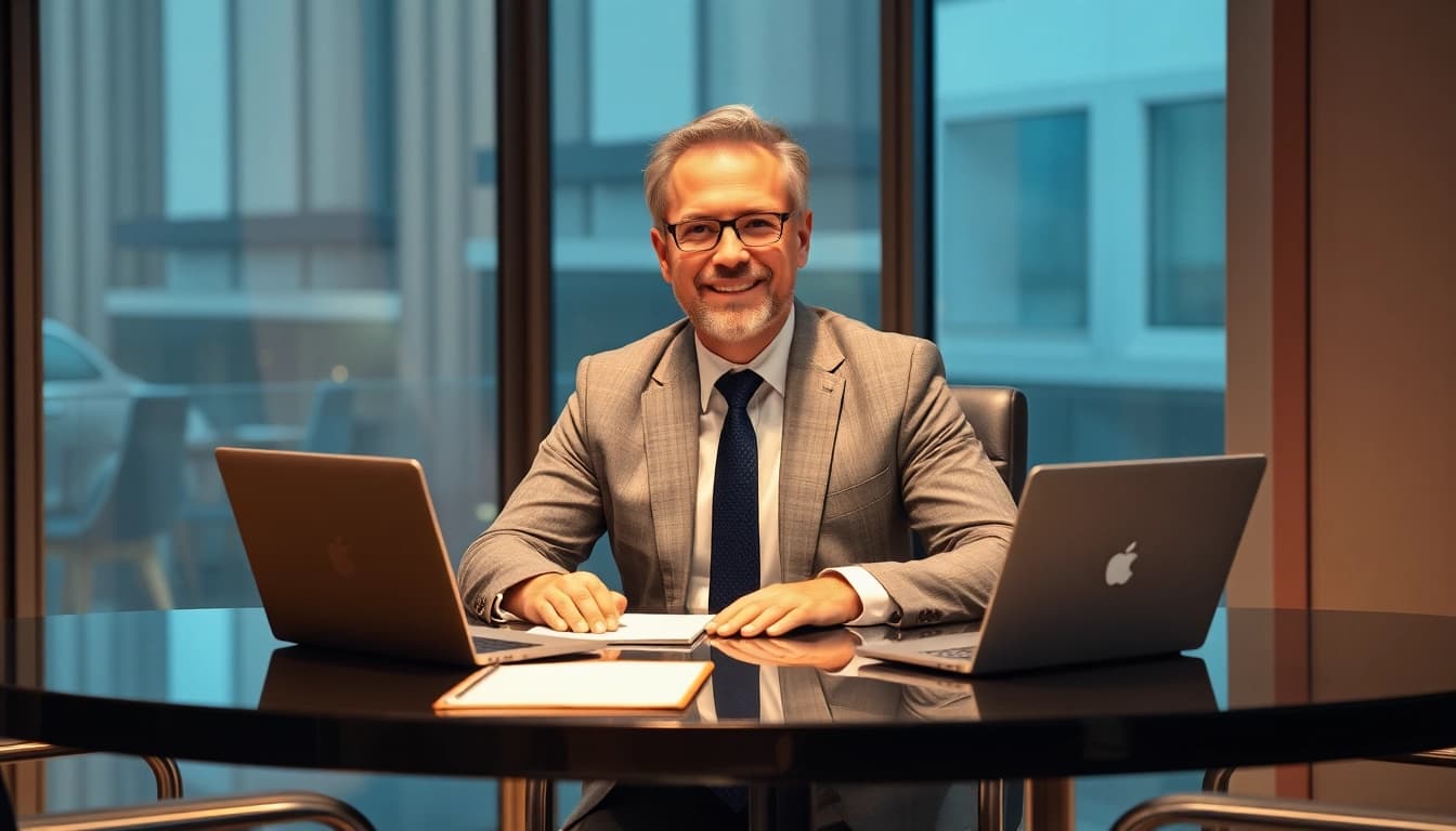 Headhunter bei der Arbeit in einem modernen Büro, umgeben von Notizen und einem Laptop.