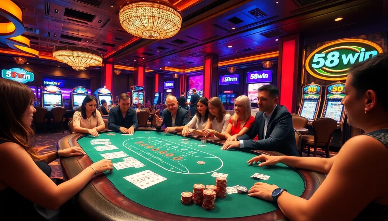 Players enjoying a thrilling poker game at 58win casino with vibrant atmosphere and lights.