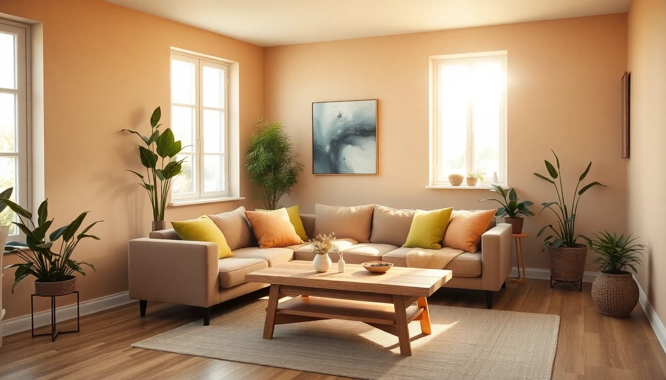 Raumgestaltung eines modernen Wohnzimmers mit hellem Licht und eleganten Möbeln.