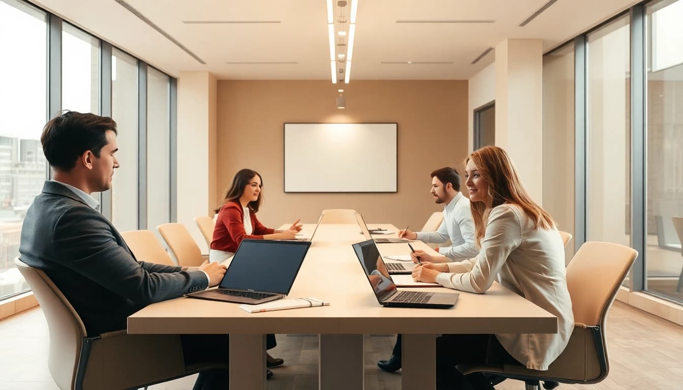 Professionelle Interaktion in der Personalvermittlung: Fachleute diskutieren strategisch am Tisch.