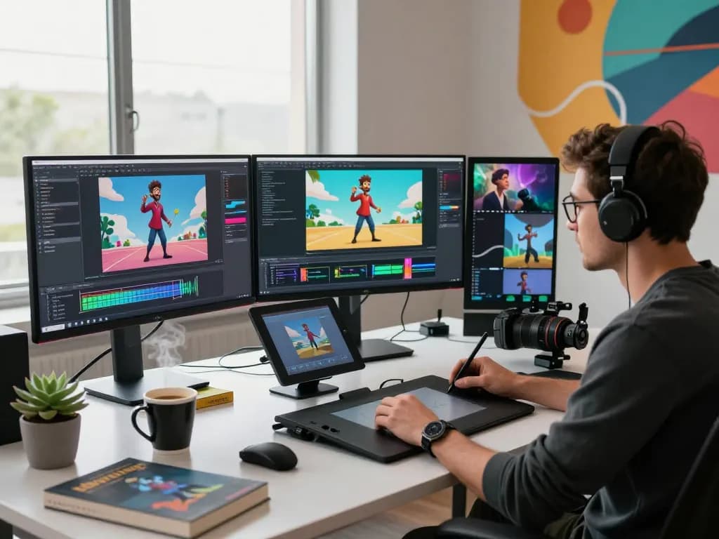 Dynamic workspace showcasing creative process with motion control ai tools and animated visuals.