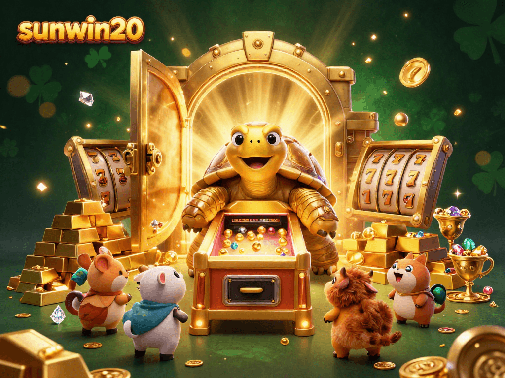 Experience dynamic gaming with sunwin20, featuring a golden tortoise slot machine and treasure elements.