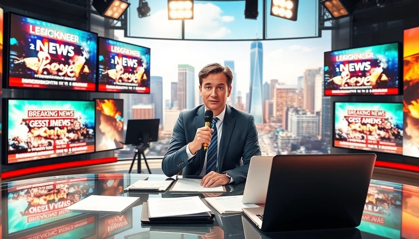 Aktuelle Meldungen von einem engagierten Journalisten in einem lebhaften Nachrichtenbüro präsentieren.