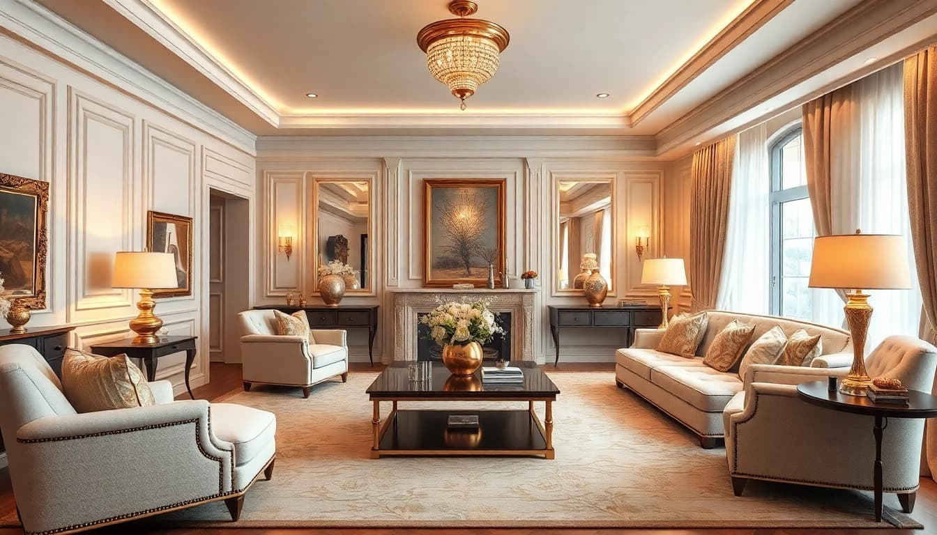 Indulge in luxury with an elegantly styled living room featuring rich textures and warm tones.