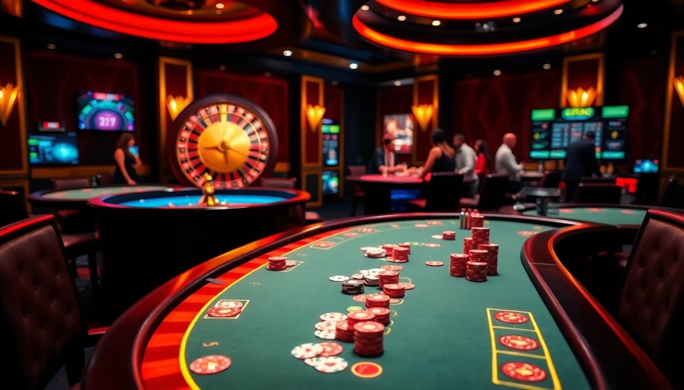 Experience thrilling gameplay at F8 BET with vibrant casino tables and an engaging roulette wheel.