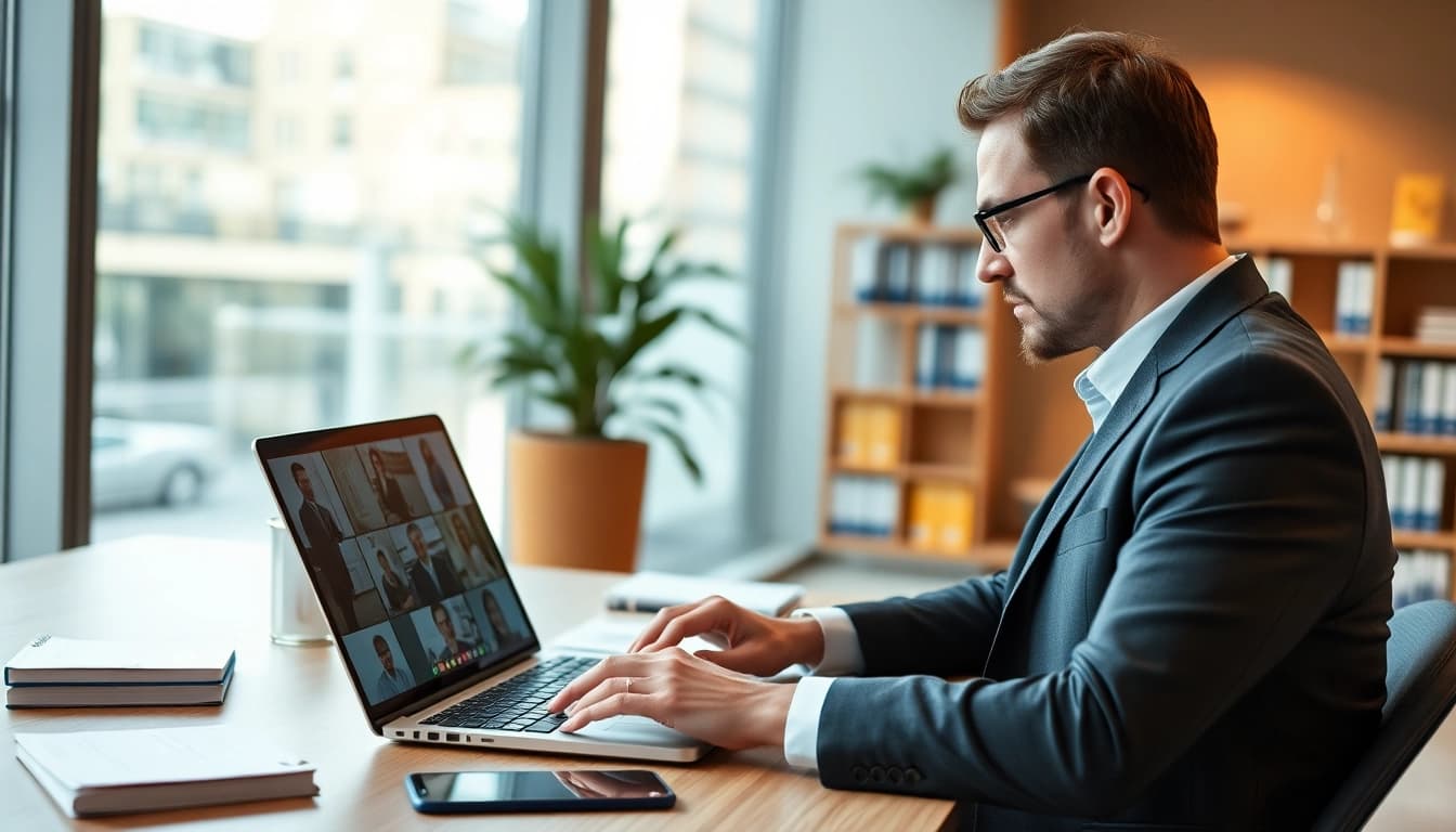 Vertriebs-Headhunter der professionell mit Kandidaten kommuniziert, während er im modernen Büro arbeitet.