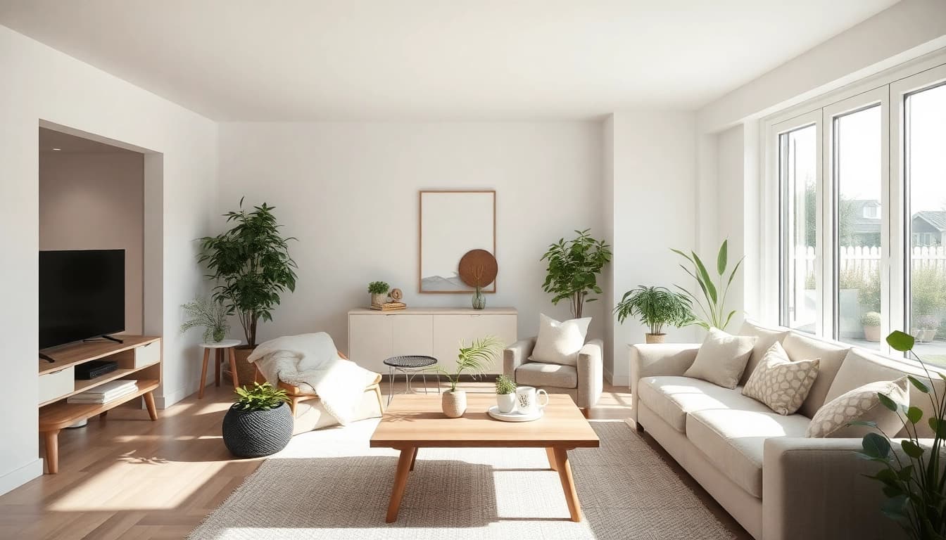 Gemütliches, modernes Wohnzimmer, das den Hauskauf traumhaft darstellt.