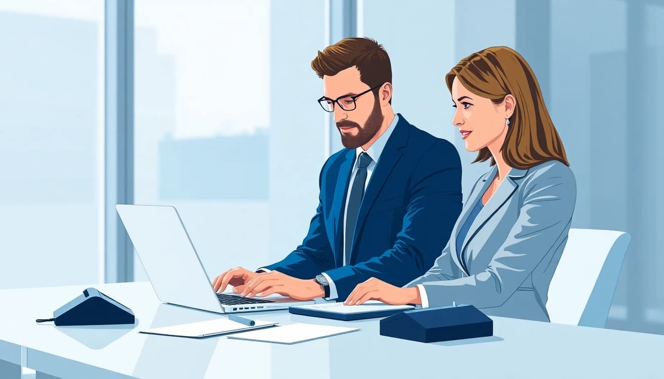 Headhunter arbeitet effizient an einem modernen Schreibtisch mit Laptop und Notizen.