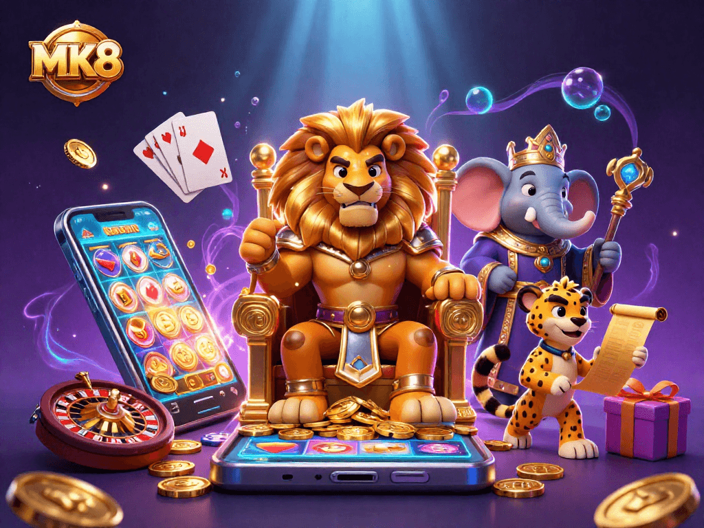 Engage with MK8's thrilling online casino experience through a royal scene of a lion king amidst dynamic gaming elements.