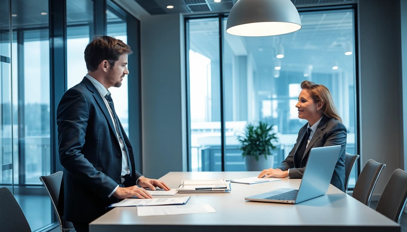 Headhunter Frankfurt unterstützt Bewerber bei Vorstellungsgesprächen in modernem Büro.