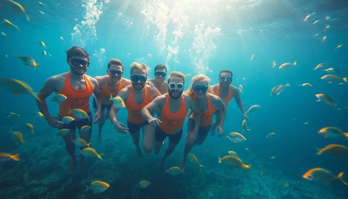 Tauchen in Playa del Carmen mit bunten Korallenriffen und fröhlichen Tauchern.