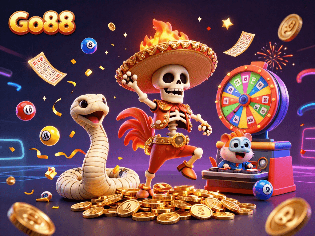 Celebrate big wins at Go88 with vibrant 3D characters and dynamic gaming elements.