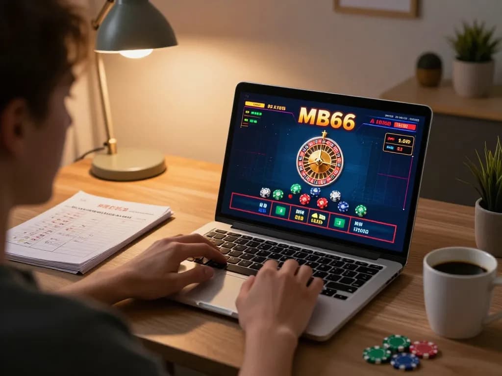 Engaging in MB66 online gaming with roulette interface visible on laptop screen.