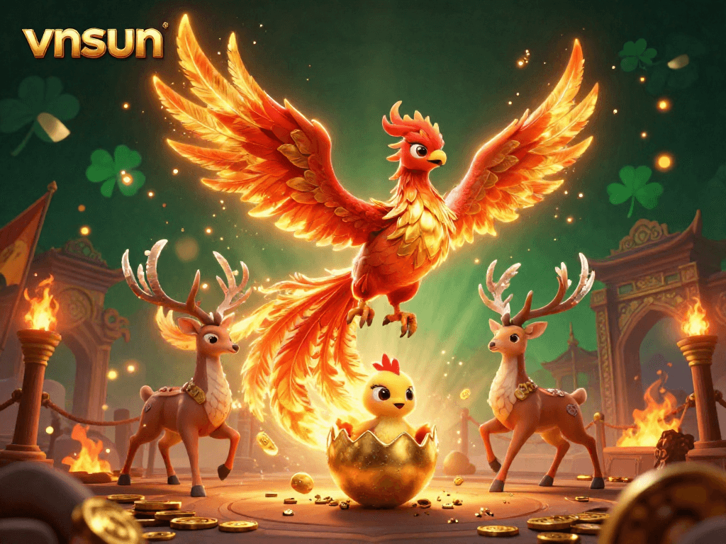 Experience the thrill of winning at vnsun with a vibrant phoenix and mystical stag in dynamic gambling scene.