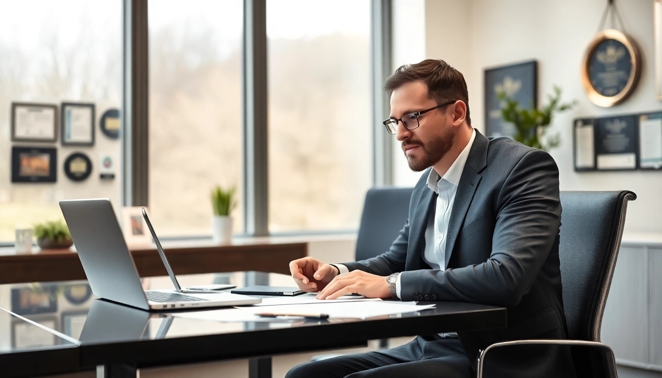 Professioneller Headhunter Oberhausen, der in einem modernen Büro mit Laptop und Notizen arbeitet.