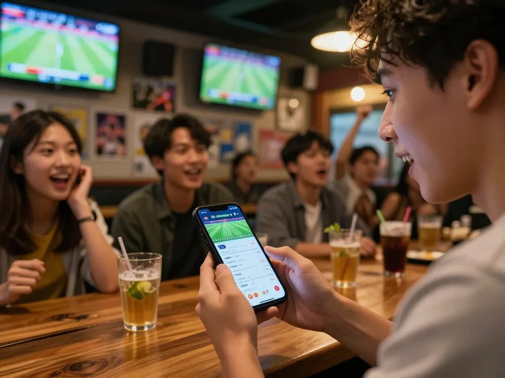 Soi kèo bóng đá betting action during an exciting sports event at a lively bar with friends.