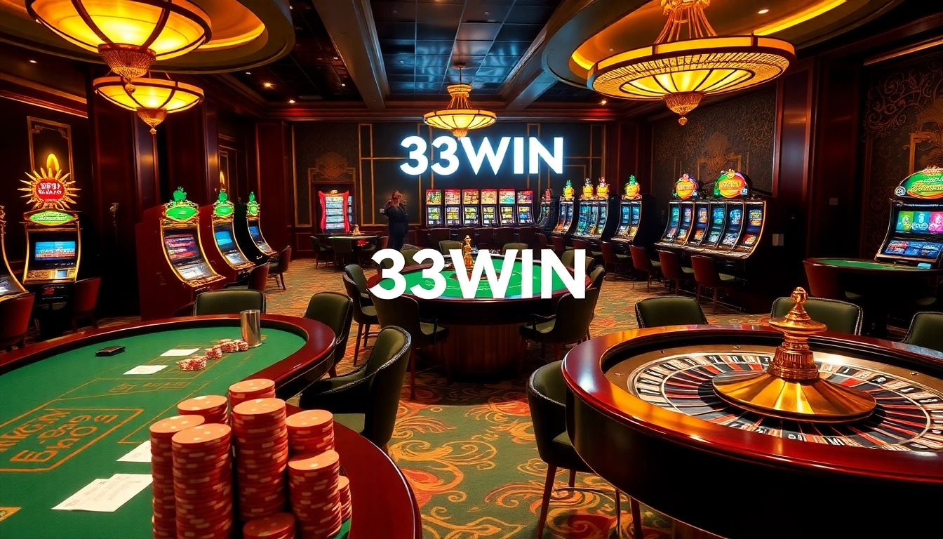 Engaging 33WIN casino scene featuring poker tables, slot machines, and roulette wheels.