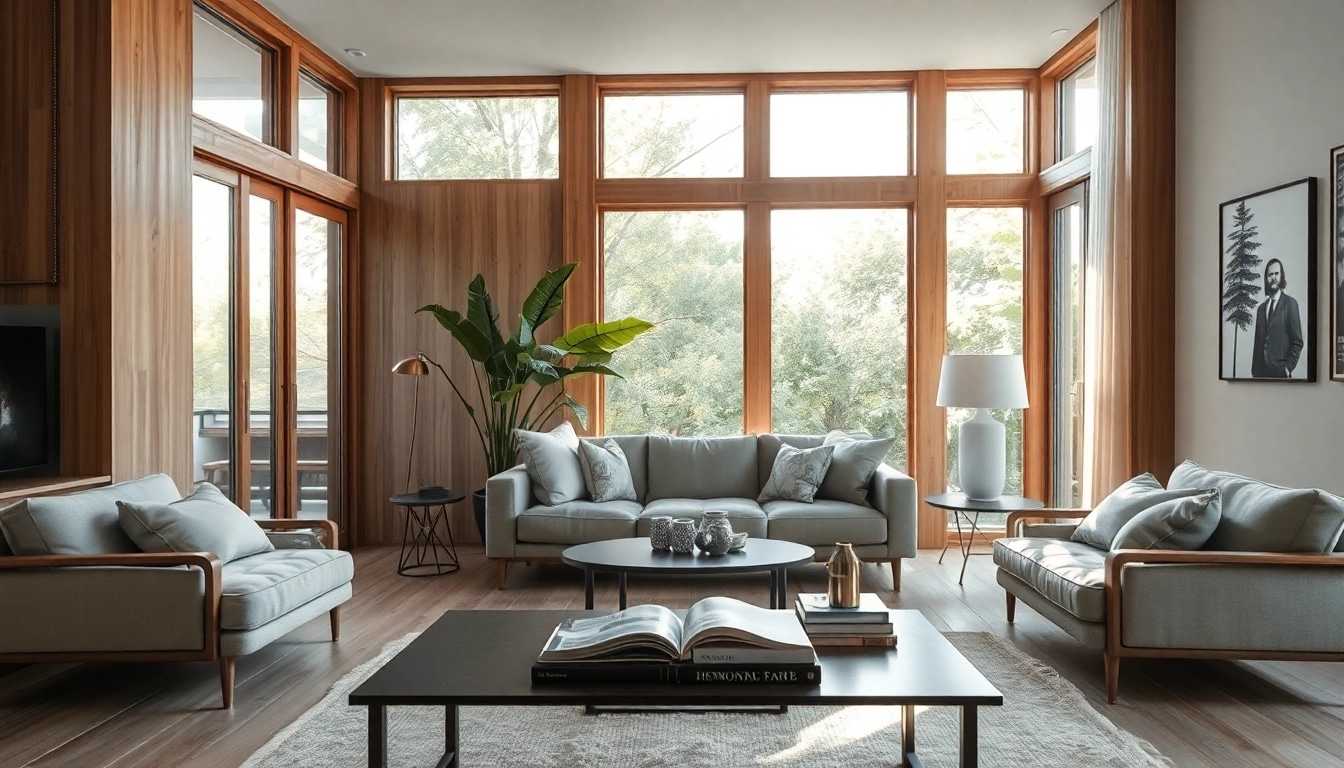 Raumgestaltung im einladenden Wohnzimmer mit Pflanzen und eleganten Möbeln.