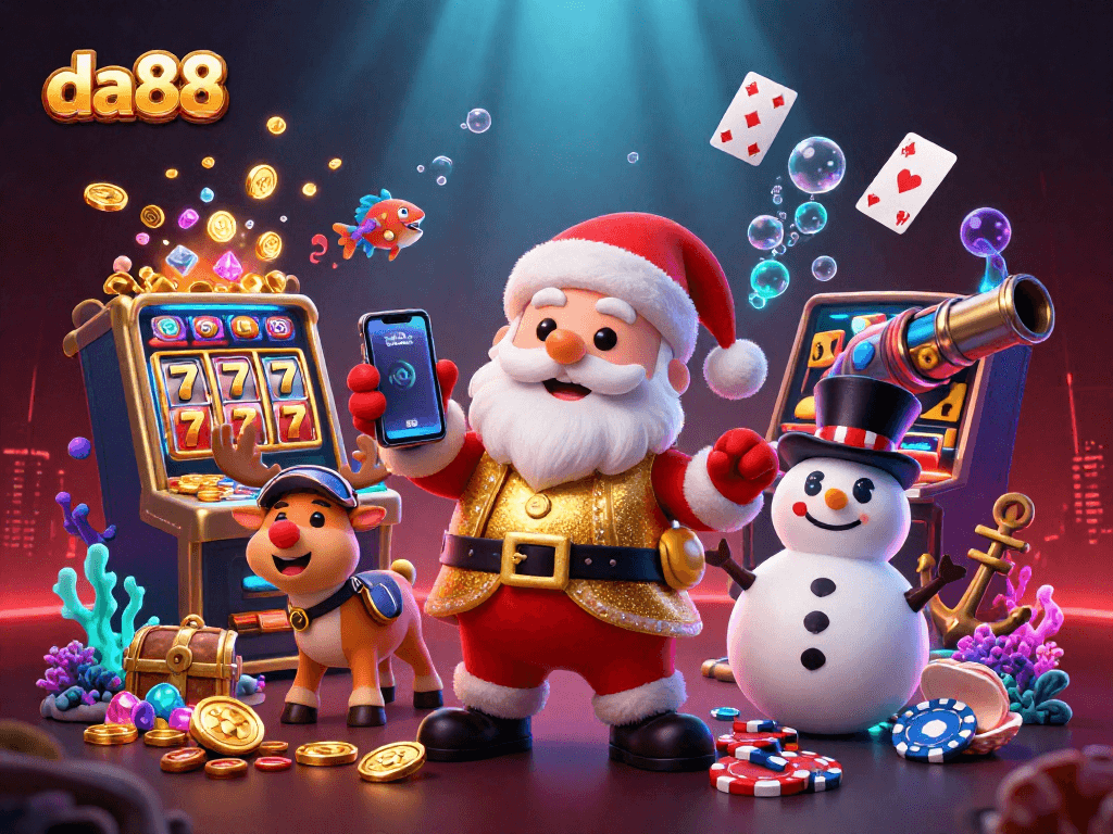 Experience the excitement of da88 with Santa Claus winning at jackpot slots amidst vibrant casino elements.