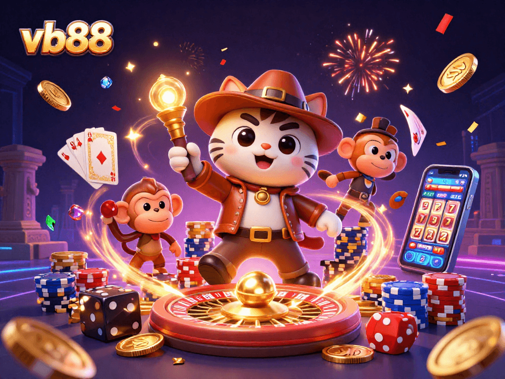 vb88 gamers explore a treasure-filled casino, featuring vibrant coins and spinning roulette wheels.