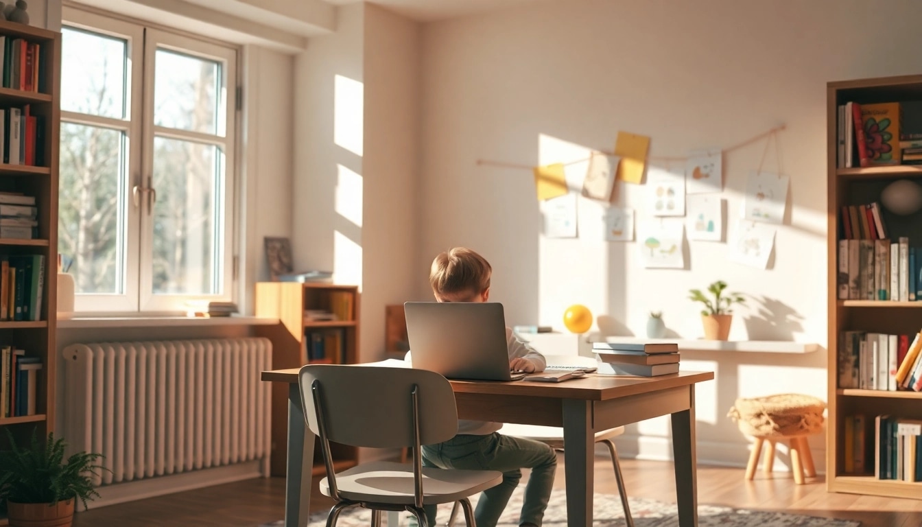 Ein Kind lernt zu Hause im Rahmen von Heimunterricht, umgeben von Schulmaterialien und einem gemütlichen Arbeitsumfeld.