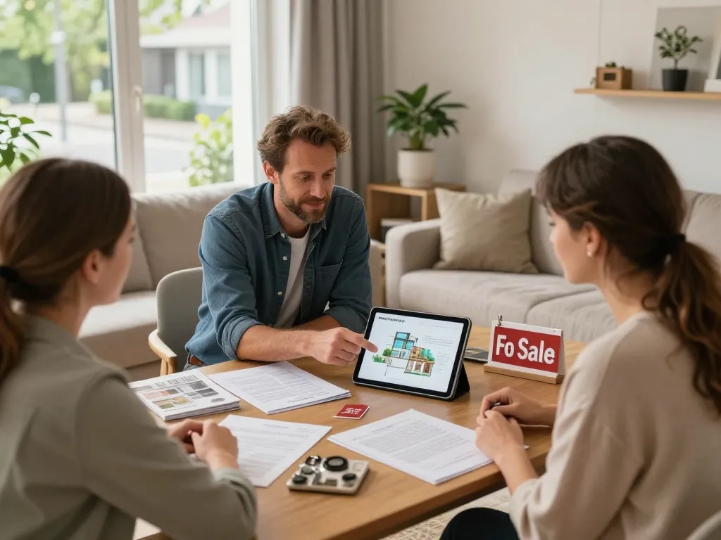 Immobilienmakler Frankfurt Preungesheim, der Kunden in einer inszenierten Wohnumgebung berät und die Eigenschaften der Immobilie hervorhebt.
