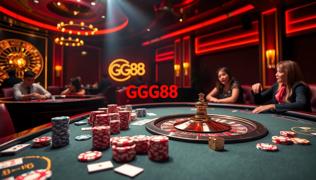 Experience the thrill of GG88 gaming with vibrant poker chips and a luxurious roulette wheel.