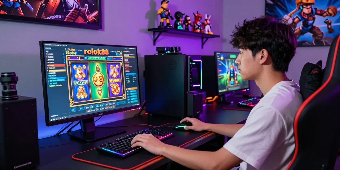 Player immersed in rokok88 slot game at a vibrant gaming setup with LED lights.